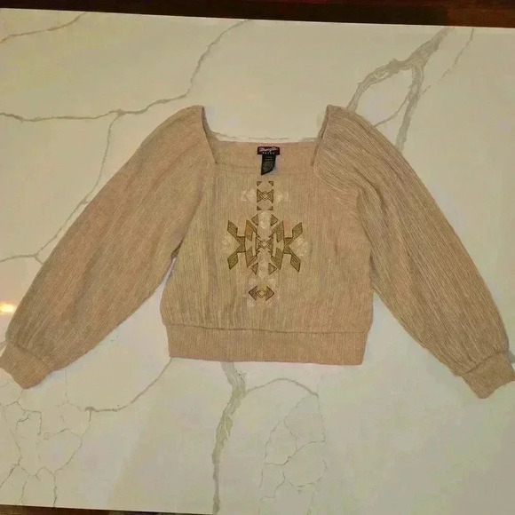 Wrangler Retro Womens Square Neck Embroidered Balloon Sleeve Top Tan Size Small - Picture 1 of 9
